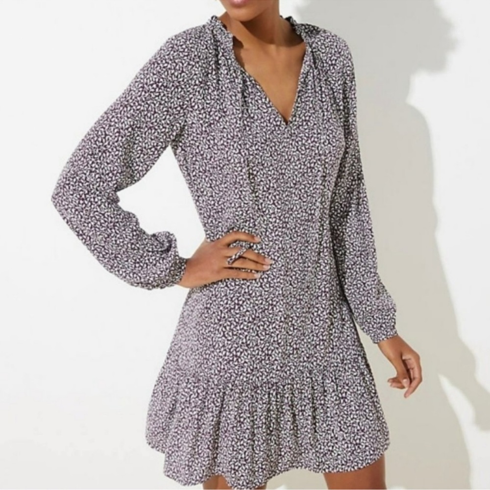 LOFT Vine Tie Neck Flare Dress